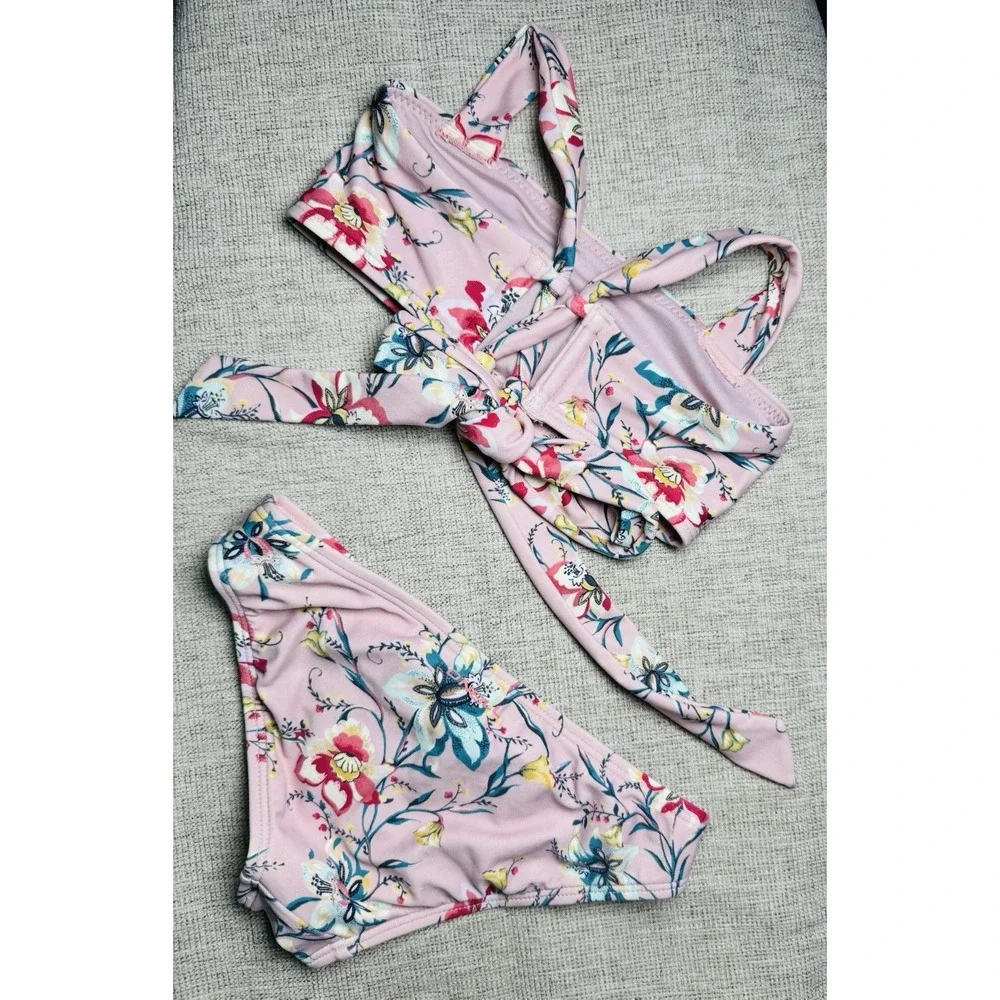 O'Neill Swimsuit Girls Sz 6‎ Kid Pink Floral Sydney Bikini 2-Piece Tie Crossback
